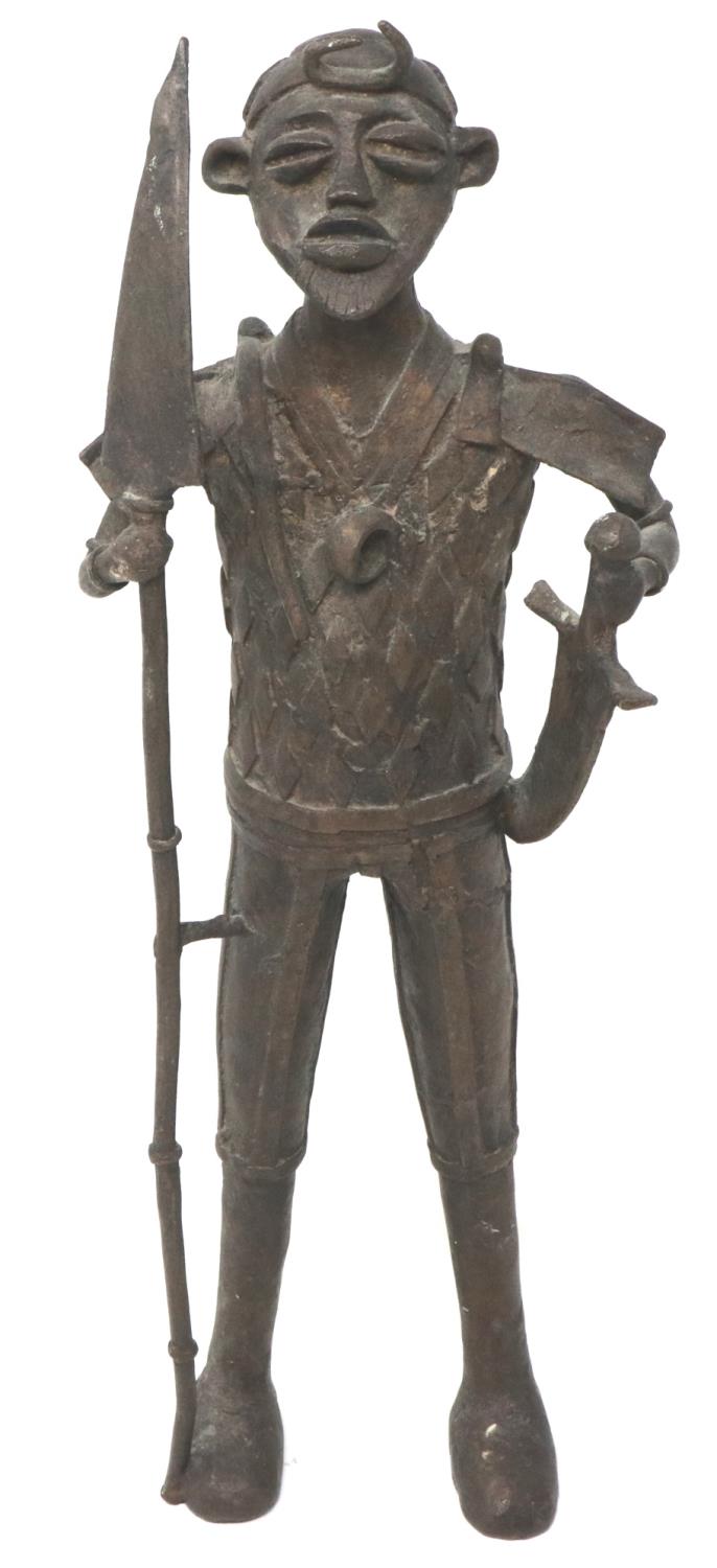 Bronze Tribal warrior statue with sword and spear, H: 43 cm. P&P Group 3 (£25+VAT for the first