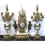 Large 20th century Italian brass mantel clock, with lyre form case and spelter fawn figures, with