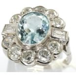 18ct white gold, aquamarine and old cut diamond ring, size O/P, 5.0g. Central aquamarine