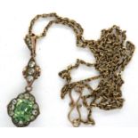 Victorian yellow metal green and white sapphire set pendant necklace, pendant H: 40 mm, chain L: