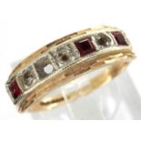 9ct gold half eternity ring set with rubies and topaz, size L, 2.4g, one stone missing. P&P Group