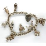 Hallmarked silver charm bracelet with nine 925 silver charms, and hallmarked silver clasp, L: 18 cm,