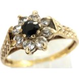 9ct gold cluster ring set with sapphire and cubic zirconia, size O, 2.1g. P&P Group 1 (£14+VAT for