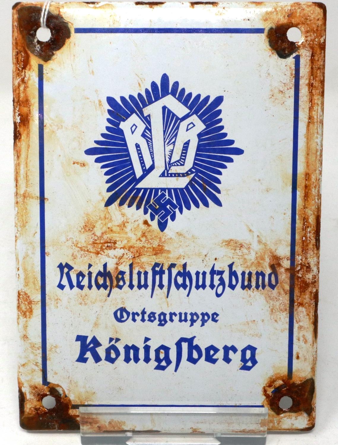 WWII German enamel sign for Reichs Luftschutz Bund, air raid wardens meeting place in Konigsberg,