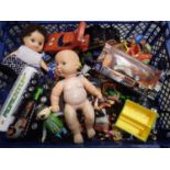 A box of mixed toys and cars. Not available for in-house P&P