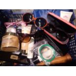 Tray of good quality unused cosmetics and designer spectacles to include Moschino. Not available for