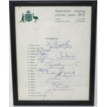 Australian Touring cricket team sheet 1972, bearing signatures of Chappell (Capt), Stackpole,