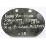 WWI Imperial German dog tag to a Corporal in the Foot Artillery Battalion. P&P Group 1 (£14+VAT