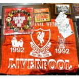 LFC memorabilia, including ticket stubs, 1992 flag, records etc, with a 1930s photograph of Belton