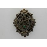 White metal mourning brooch pendant set with single green tourmaline, H: 40 mm. P&P Group 1 (£14+VAT