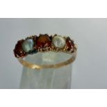 Unmarked 9ct gold ring set with garnet and pearls, size N, 2.26g. P&P Group 1 (£14+VAT for the first