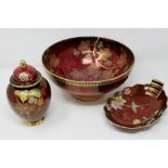 Carlton Ware Rouge Royal decorated bowl, oval dish and covered pot in the Spiderweb design (3),