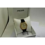 PULSAR: Boxed gents quarts wristwatch with date aperture on a leather strap, working at lotting. P&P