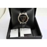 GUESS: Boxed gents wristwatch on a black leather strap, working at lotting. P&P Group 1 (£14+VAT for
