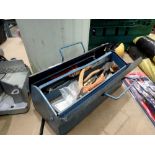 Metal toolbox with contents and a metal bin. Not available for in-house P&P.