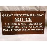 GWR notice sign, W: 30 cm. P&P Group 1 (£14+VAT for the first lot and £1+VAT for subsequent lots)