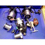 Four fishing reels including an ABU. Not available for in-house P&P