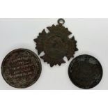 Three medallions of Queen Victoria, Longest Reign, 1851 Jersey 1/13 shilling and The Bell Medal of