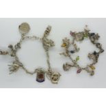 Two 925 silver charm bracelets with twenty five charms, L: 18 cm. P&P Group 1 (£14+VAT for the first