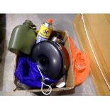 Mixed box of camping equipment to include Vango non-stick cook kit for four persons. Not available