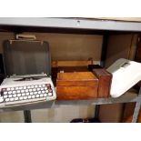 Mixed items to include scales, two wooden boxes, pine book holder, two sewing boxes and a