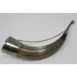 Horn drinking vessel with silver plated mounts, L: 27 cm. P&P Group 1 (£14+VAT for the first lot and