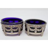 Two continental silver salts with blue glass liners. P&P Group 1 (£14+VAT for the first lot and £1+