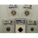 Five slabbed and graded 1937 UK coins, including farthing (NGC PF66 RB), sixpence (PCGS PR64),