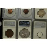 Six slabbed and graded UK coins, including 1864 farthing (PCGS MS64RB), 1864 farthing (PCGS MS65RB),