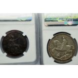 Two slabbed and graded UK coins of George V: 1935 Jubilee crown (NGC MS61) and 1936 penny (NGC