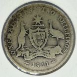 Australia: 1911 silver florin of George V. P&P Group 0 (£5+VAT for the first lot and £1+VAT for