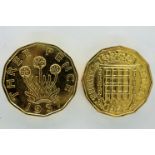 Two gold plated threepence coins to George VI and Elizabeth II. P&P Group 0 (£5+VAT for the first