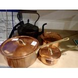 Dirty Copper kettle and three lidded copper pans. Not available for in-house P&P