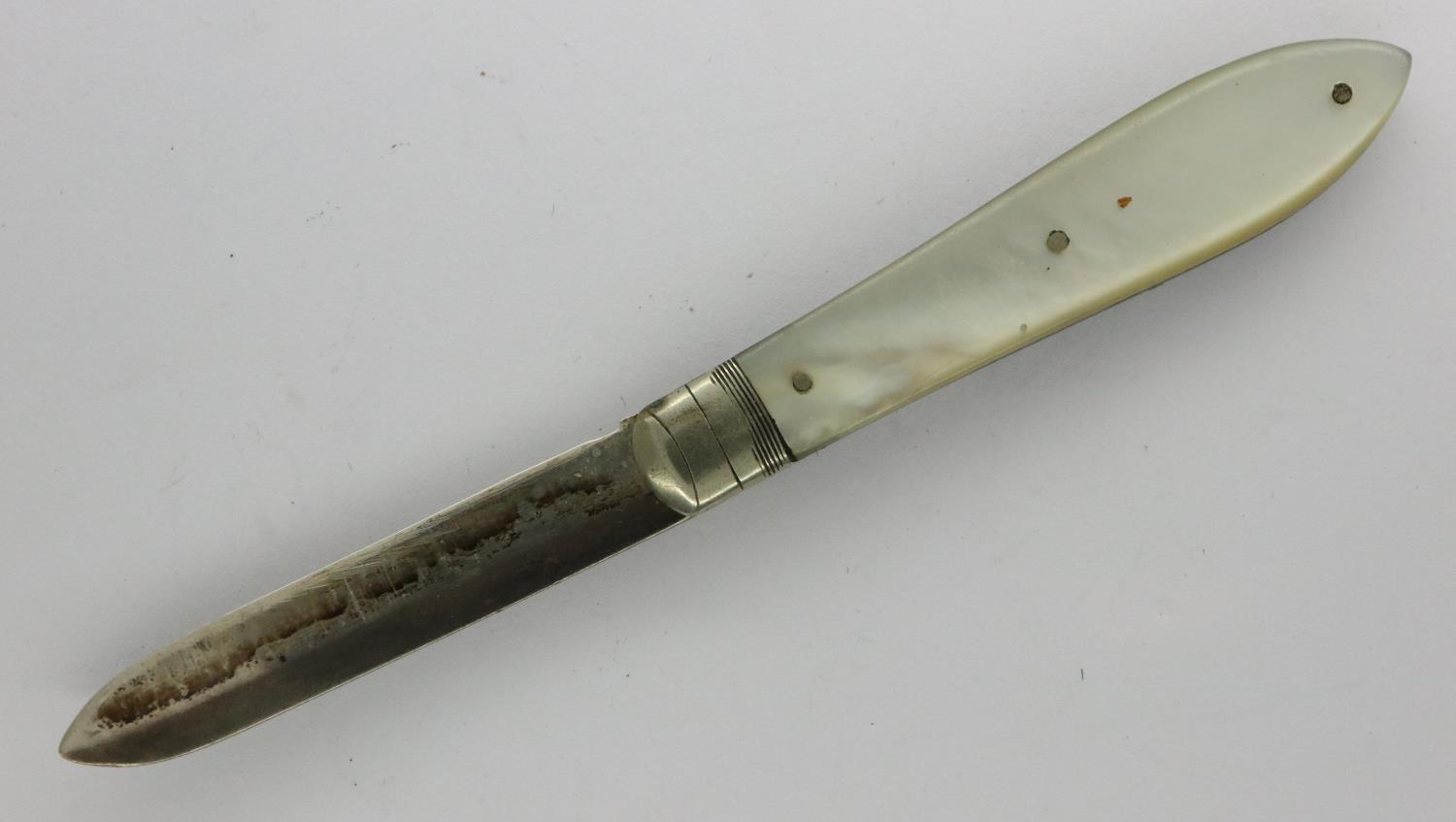 Hallmarked silver fruit knife with mother of pearl handle. P&P Group 1 (£14+VAT for the first lot - Image 2 of 3