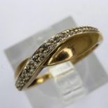 9ct gold crossover ring set with diamonds, size J, 1.4g. UK P&P Group 1 (£16+VAT for the first lot