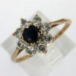 9ct gold cluster ring set with sapphire and cubic zirconia, size O, 1.3g. UK P&P Group 0 (£6+VAT for