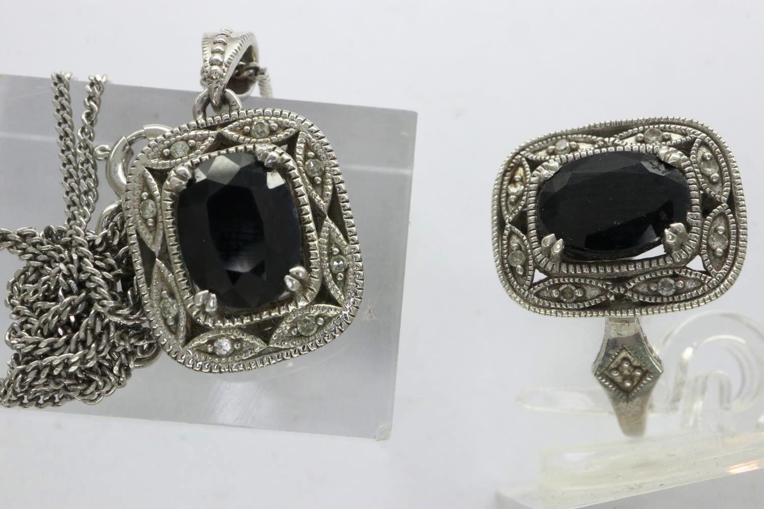 925 silver sapphire and diamond set ring with matching pendant necklace, ring size O, chain L: 48