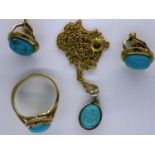 9ct gold turquoise set ring with matching base metal earrings and pendant necklace, ring size O,