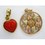 10k gold pendant, 1.1g and an 18ct gold coral set example, 0.9g. UK P&P Group 0 (£6+VAT for the