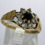 9ct gold cluster ring set with sapphire and cubic zirconia, size P/Q, 1.6g. UK P&P Group 1 (£16+