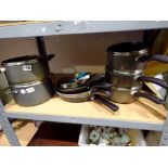 Mixed large saucepans and frying pans including Prestige and Tefal. Not available for in-house P&P