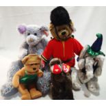 Five TY Bears to include Razzmatazz, Emmett, elephant clown, Malcolm, soldier, Beany Babies,