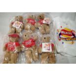 Six Walkers 50th anniversary bears all as new in packets, approximate H: 24 cm, also includes