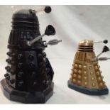 Two Daleks in gold, Dalek image, H: 14 cm and black, Bubble Bath, H: 20 cm , unopened. UK P&P