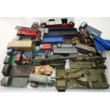 Twenty five play worn die cast vehicles, commercials, military, buses etc, mostly Dinky toys, all