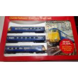 OO scale Hornby R538 blue Pullman set comprising full yellow ends power car, trailer car and