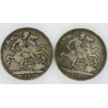 Two silver Victorian crowns, 1889 and 1899. UK P&P Group 0 (£6+VAT for the first lot and £1+VAT