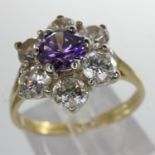 9ct gold cluster ring set with amethyst and cubic zirconia, size P, 3.2g. UK P&P Group 0 (£6+VAT for