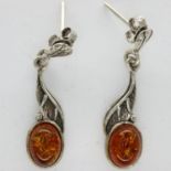 Pair of 925 silver and Baltic amber drop earrings, drop H: 40 mm. UK P&P Group 1 (£16+VAT for the