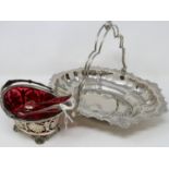 Victorian silver plate swing basket with cranberry glass liner, L: 18 cm, a larger swing basket